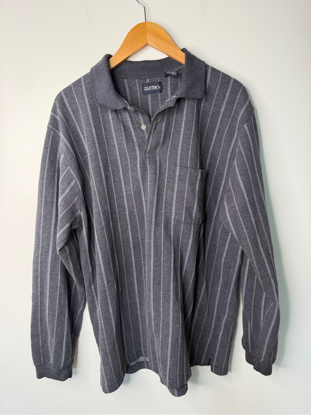 Vintage Puritan Men’s L Gray Striped Long Sleeve Polo Shirt Pocket Button 90s